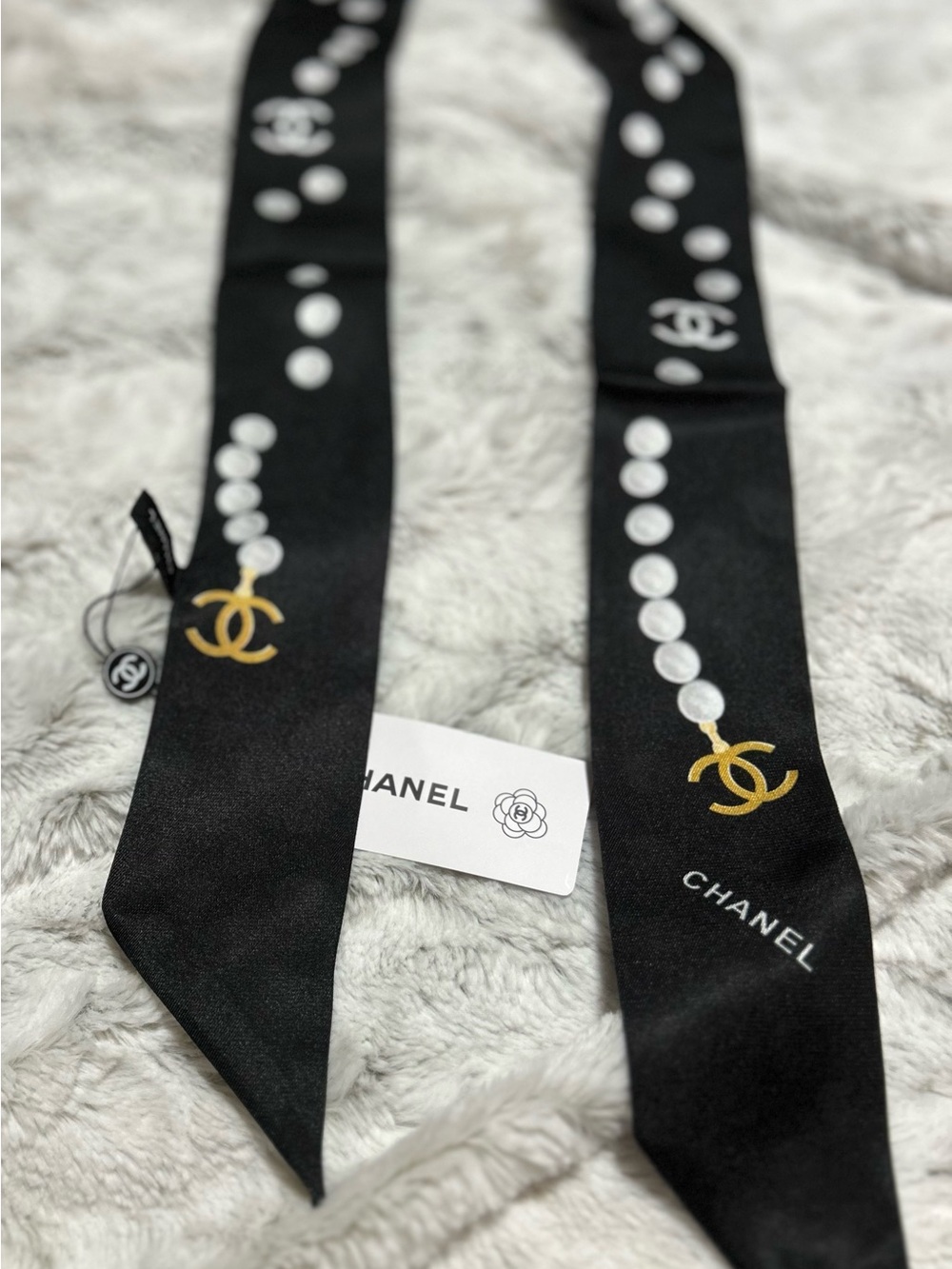 C Black Silk Logo Pearl-Print Twilly Scarf